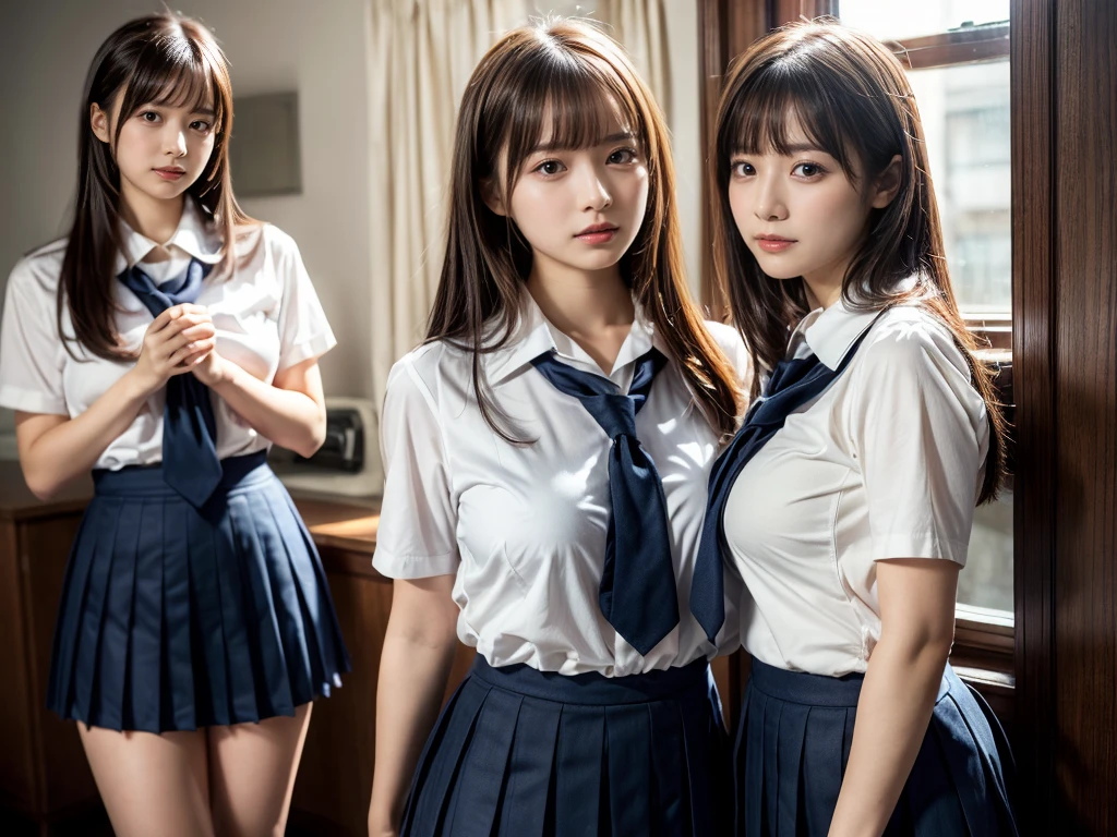 (RAW photo, 4k, masterpiece, high resolution, extremely complex) (realistic: 1.4), cinematic lighting
 ((2 girls, 2 schoolgirls)),Slam Dunk's,blushing,((innocent)),(Dark makeup),bright eyes,round eyes,blunt bangs,(straight hair:1.3),black hair,large breasts,wide hips,Summer Noon, 20 year old girl、cute type、ta,Hot, (Best Quality), (Highres), (an Extremely Delicate and Beautiful),(Beautiful 8k face),(Brown eyes),short bob hair,( spectators),(gigantic breasts),(Play with each other,Touching each other's bodies,Touching the body),(Japanese high school uniform:1.3),blue skirt,(reality),bright lighting,(The background is a luxury hotel room)