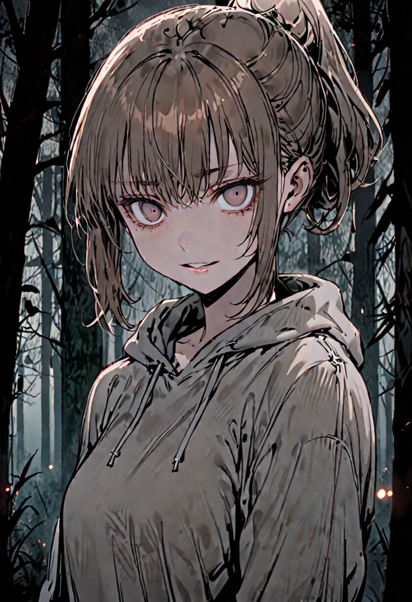 solo, female, sfw, medium shot, night, forest, suspenseful atmosphere, brown hair, high bun, ponytail, brown eyes, empty eyes, grey hoodie, unsettling smile, dead eyes,