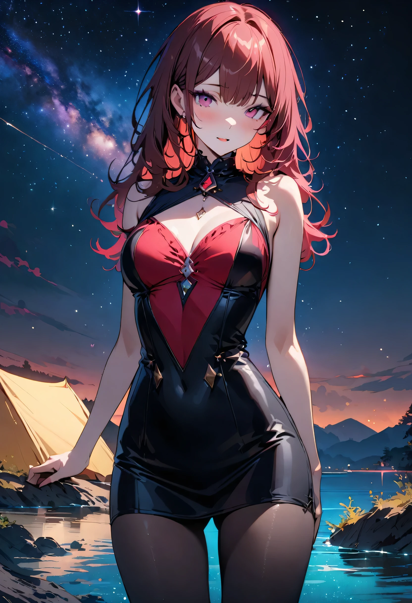 masterpiece, highest quality, Illustrations for novels, High resolution, 18+ Adult content, Sensual, Intimate, Emotional, Passionate, romantic, sweet, Adorable, Innocent, Pure, Fascinating, Fascinating, attractive, Mysterious, Fascinating, Fascinating, Immersive, Fascinating, dream-like, Surreal, Imaginative, Whimsical, artistic, Avant-garde, timeless, elegant, Sophisticated, chic, Sophisticated, ((Cowboy Shot)),(((A woman camping under a starry sky)).