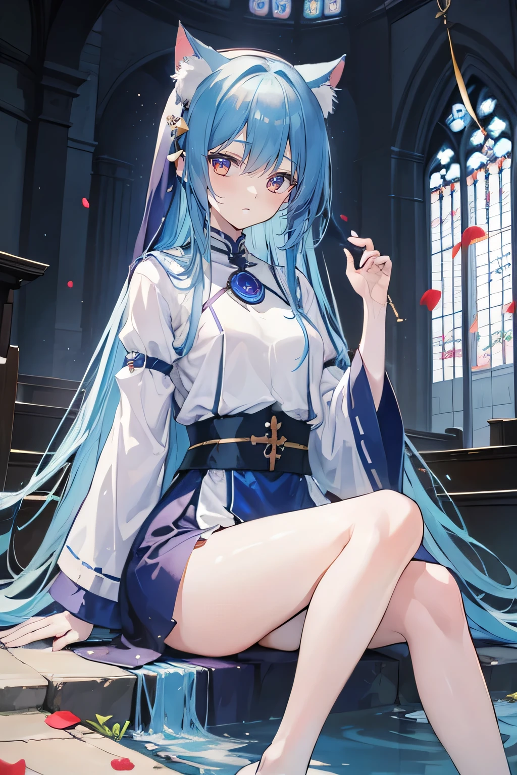(masterpiece:1.2),Extremely detailed,Practical,expressive eyes,Fair skin,Perfect face shaping,1 Girl,
Japanese cartoons,Gorgeous blue hair, the long flowing blue hair,Floating clothes,Cat ears,Petals fall,beautiful lola,Young Angel,
Place your hands on your waist,sit elegantly on the ground,Cross your legs,Gentle and peaceful background,church,Nun's Clothes,back view,lie on the water.