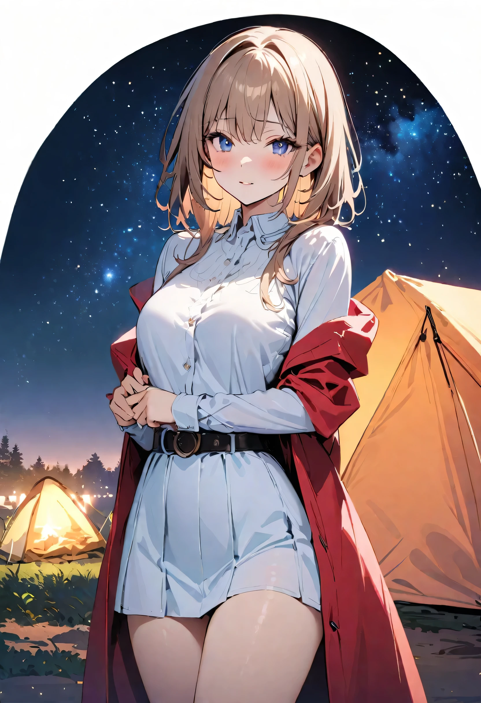 masterpiece, highest quality, Illustrations for novels, High resolution, 18+ Adult content, Sensual, Intimate, Emotional, Passionate, romantic, sweet, Adorable, Innocent, Pure, Fascinating, Fascinating, attractive, Mysterious, Fascinating, Fascinating, Immersive, Fascinating, dream-like, , ((Cowboy Shot)),(((A woman camping under a starry sky)).