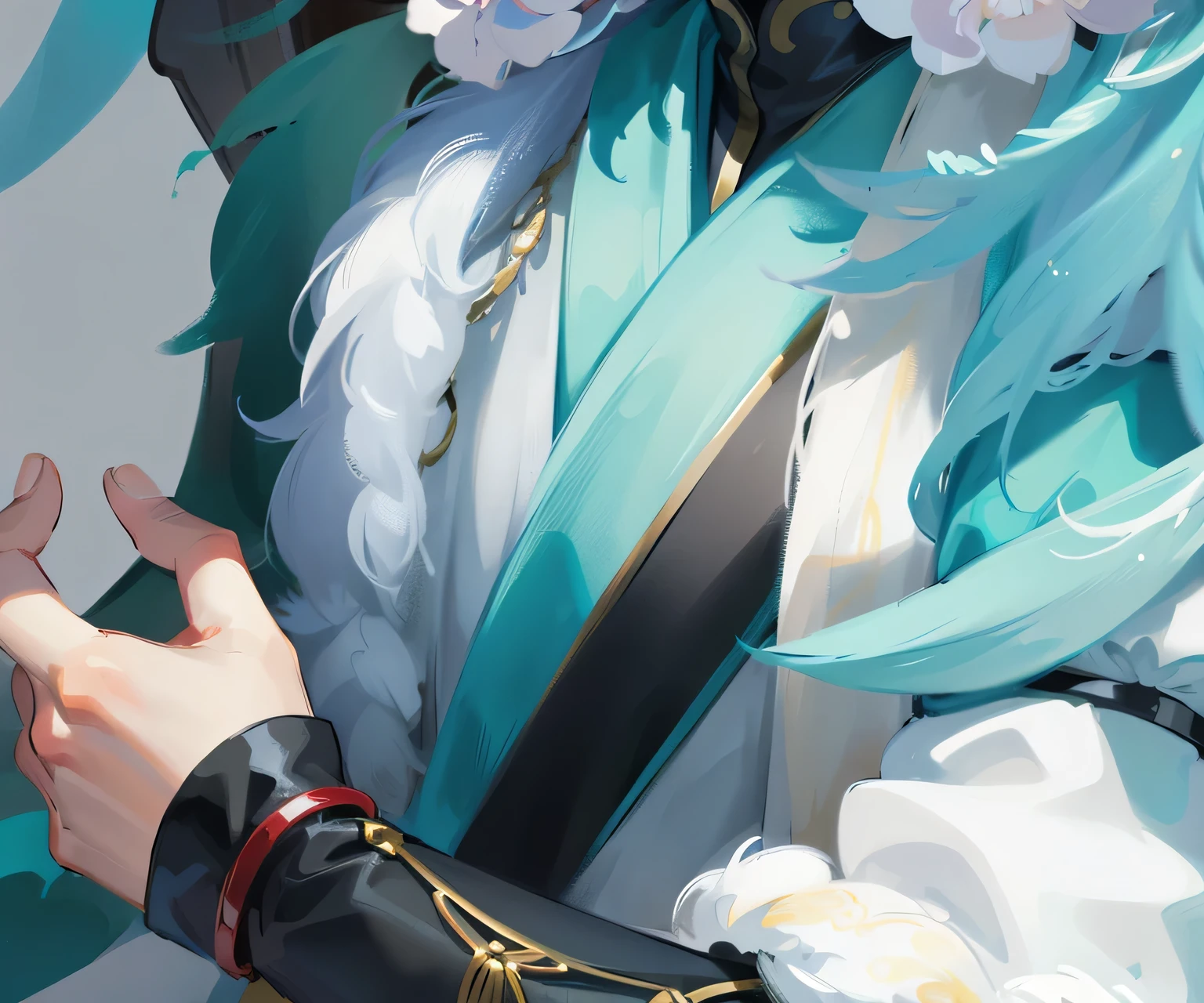 ((masterpiece, best quality)), Rich in details,, Very detailed, depth, Many parts,Wearing white、Green clothes,Behind him is a cyan and gold cloak,Epic and beautiful character art, Amazing Characters,Chinese style,Fur collar