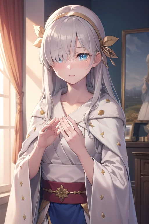 ((Completely naked)),((Crying)),fgoAnastasia, Anastasia, blue eyes, Grey Hair, Hair between the eyes, (Hair on one eye:1.5), Long Hair, bangs,
break blue Cape, brown hair band, Cape, dress, Fur trim, hair band, Royal Robes, sash, tachi-e, white dress, Wide sleeves,
break looking at viewer,
break indoors,
break (masterpiece:1.2), highest quality, High resolution, unity 8k wallpaper, (figure:0.8), (Beautiful fine details:1.6), Highly detailed face, Perfect lighting, Highly detailed CG, (Perfect hands, Perfect Anatomy),