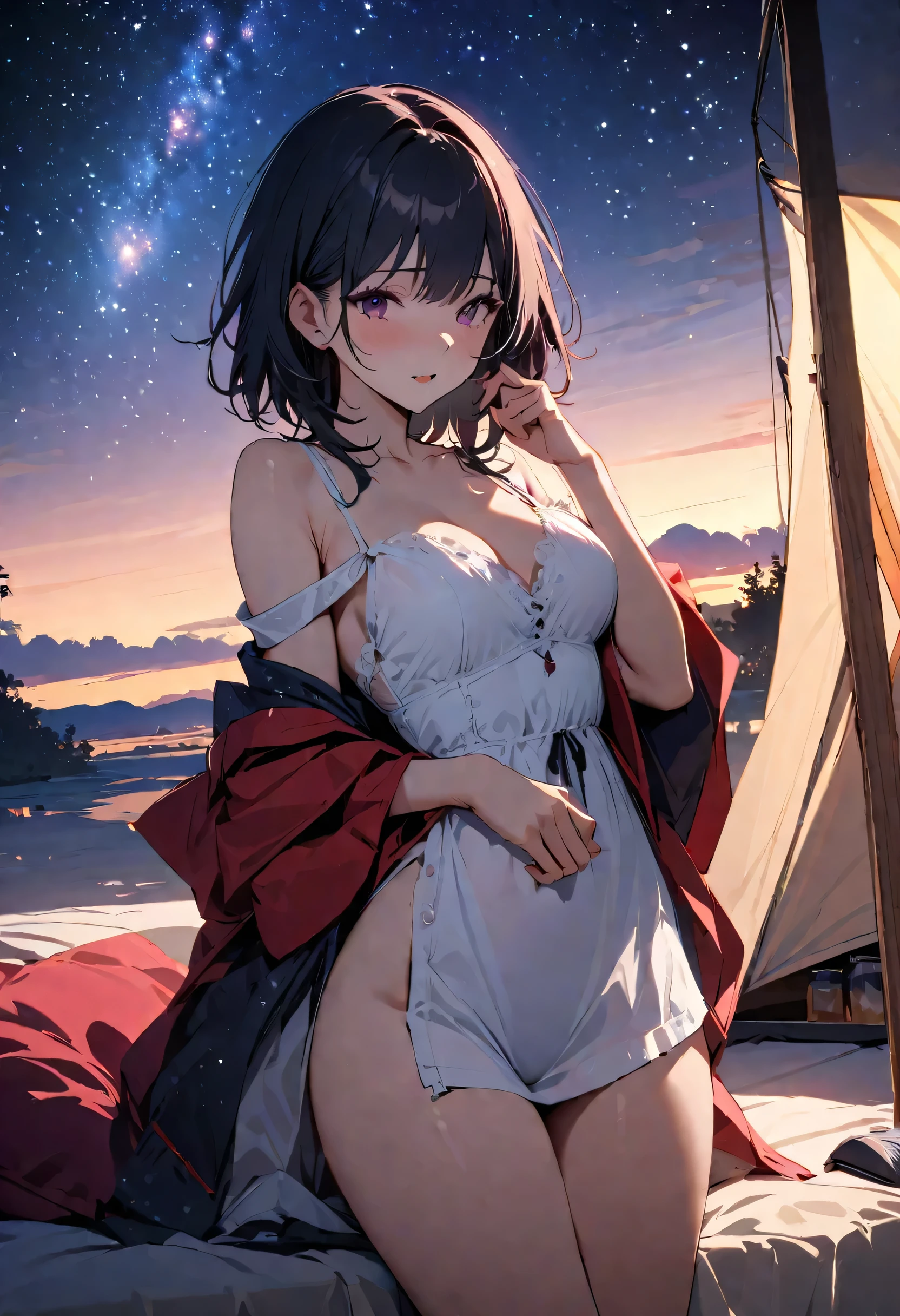 masterpiece, highest quality, Illustrations for novels, High resolution, 18+ Adult content, Sensual, Intimate, Emotional, Passionate, romantic, sweet, Adorable, Innocent, Pure, Fascinating, Fascinating, attractive, Mysterious, Fascinating, Fascinating, Immersive, Fascinating, dream-like, , ((Cowboy Shot)),(((A woman camping under a starry sky)).