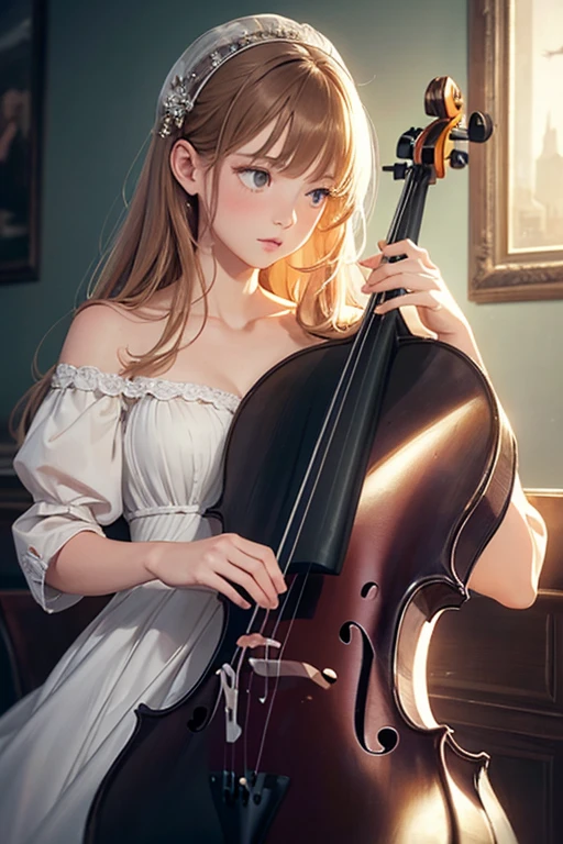 detailed full body portrait,(Picture of a girl playing the cello), White Dress Andy Jurgens (mandy jurgens) A realistic painting was created, transformation, Figurative art, Detailed Description, Realistically, Artwork, Contour, View from the side, Colorful Noise, Visual clutter,Modern aesthetics、Viennese style、Nocturne Whispers
