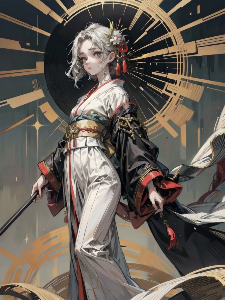 whole body, Anime character, aristocrat robe, kimono, haori, Taisho Era, Taisho Modern, absurdres, RAW photo, extremely delicate and beautiful, masterpiece, Best Quality, ultra high resolution, 32k, hyperrealistic, ultra-detailed, perfect figure, perfect shape, detailed description, pale skin, 20 years old, detailed beautiful face and eyes, tearful mole, earring, short medium hair, wavy hair,