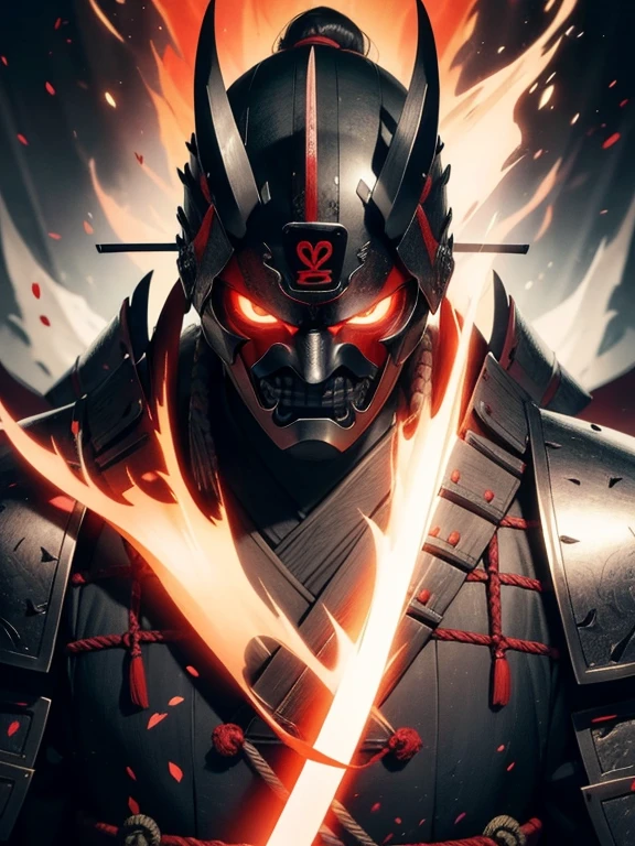 Samurai with a Mask, Masterpiece, Max Resolution: 1.2, Ultra HDTV: 1.2, Cinematographic Light, 8K Resolution, Detailed Facial Features, Detailed Mask Texture with Red Glowing Eyes, Anatomically Correct, Sharp Focus: 1.2, Focus on Face: 1.2, Perfect Style, Powerful and Intimidating, Wear Samurai Armor, Wearing a Konikoroi mask, Detailed Facial Features hidden beneath the mask, Red Glowing Eyes creating a menacing aura, Samurai's Sword visibly at his side, Detailed Armor Text