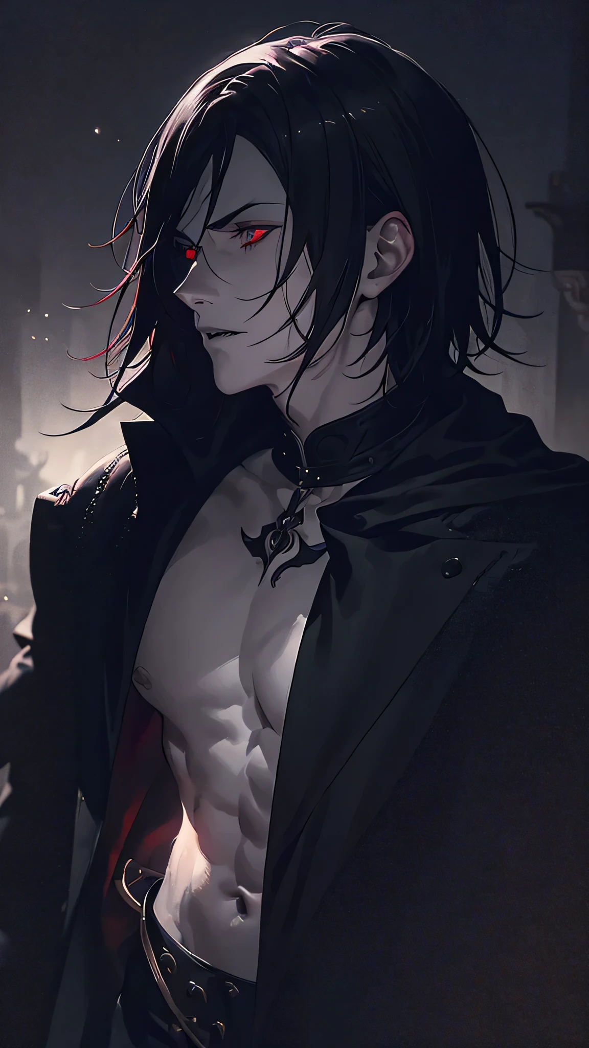 A vampire man in his 20s, ruby eyes, fangs, short black hair, black cloak, crescent moon in the night sky, pale skin, blood flowing from the mouth, looking away, photo-realistic, highly detailed, cinematic lighting, dark moody atmosphere, dramatic shadows, intricate textures, vivid colors, masterpiece