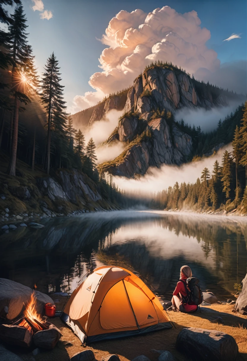 A beautiful girl in the mountains, outdoor camping, detailed face, high quality, realistic, photorealistic, 8k, ultra-detailed, vibrant colors, dramatic lighting, golden hour, dramatic shadows, fog, mist, campfire, outdoor gear, hiking backpack, sleeping bag, tent, forest, pine trees, rocky cliffs, river, reflection, cinematic composition
