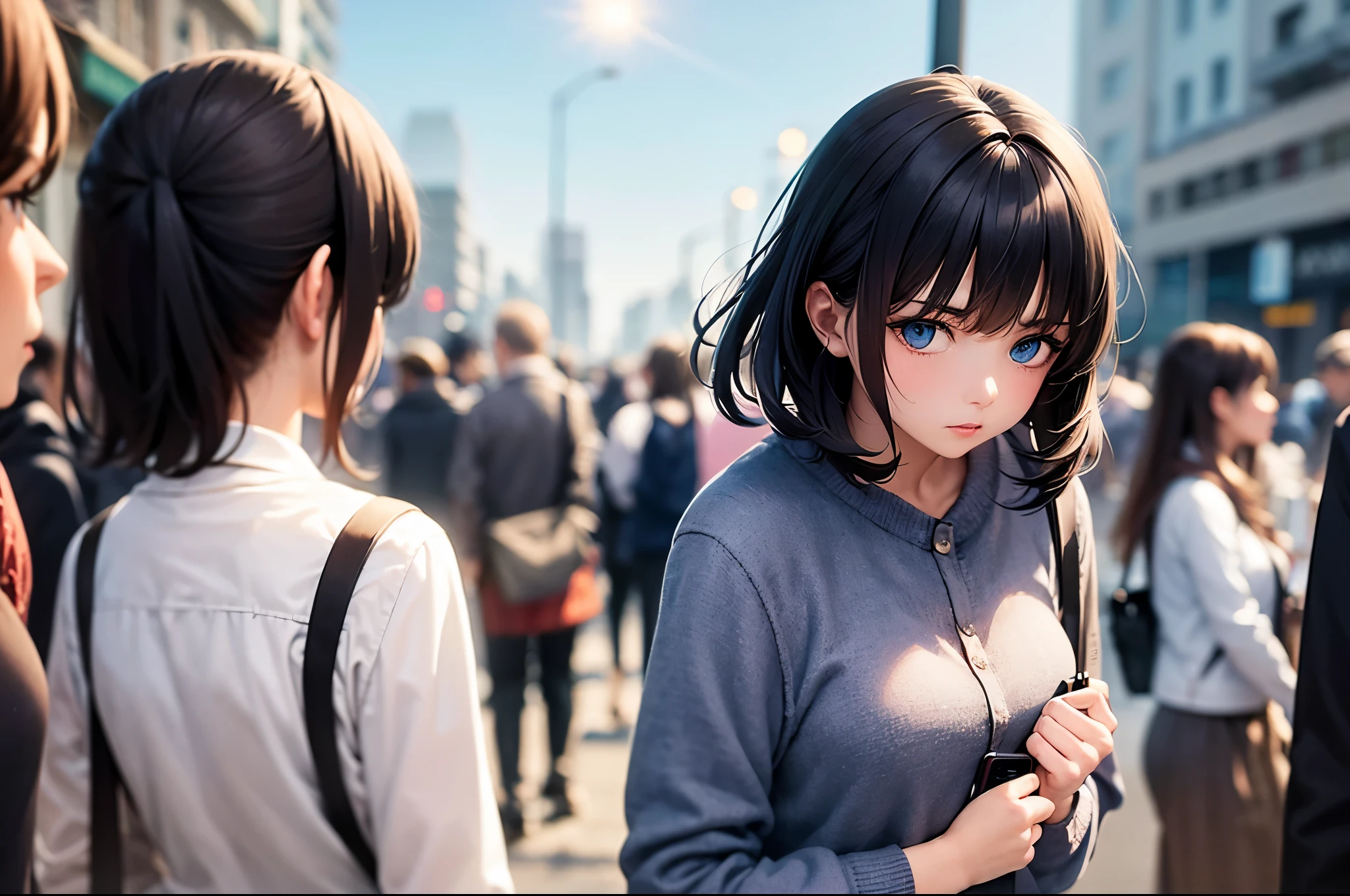 (masterpiece, best quality), A short (147 cm) girl with disheveled black hair framing her worried face makes her way through the crowd on a busy morning street. The camera below captures her gaze full of anxiety. The rays of the rising sun, breaking through the morning haze, fall on her pale skin, emphasizing her blue eyes staring into the distance. The surrounding people are blurred, creating a cinematic effect that emphasizes the loneliness of the girl in this urban bustle.