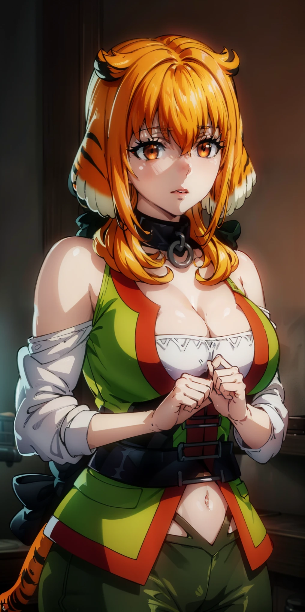 (best quality,4k,8k,highres,masterpiece:1.2),ultra-detailed,(realistic,photorealistic,photo-realistic:1.37),HDR,UHD,studio lighting,ultra-fine painting,sharp focus,physically-based rendering,extreme detail description,professional,vivid colors,bokeh,portraits,luxury,beautiful age girl,beautiful detailed eyes,beautiful detailed lips,extremely detailed eyes and face,long eyelashes,straight hair,luxurious clothes,fashionable outfit,strong and fit body,strong posture,passionate expression,happy face expression,sexy pose,detailed body,detailed hands,detailed face,expressive eyes,delicate facial features,soft skin,tigergirl theme,silver-white hair resembling tiger stripes,white tiger-inspired outfit,intricate details on the clothing,tiger-themed accessories,confident and powerful stance,intense gaze,proud and graceful movements,dynamic composition,rich color palette,romantic lighting,exquisite painting style,meticulous brushwork,emotional depth,dreamlike atmosphere,surreal elements