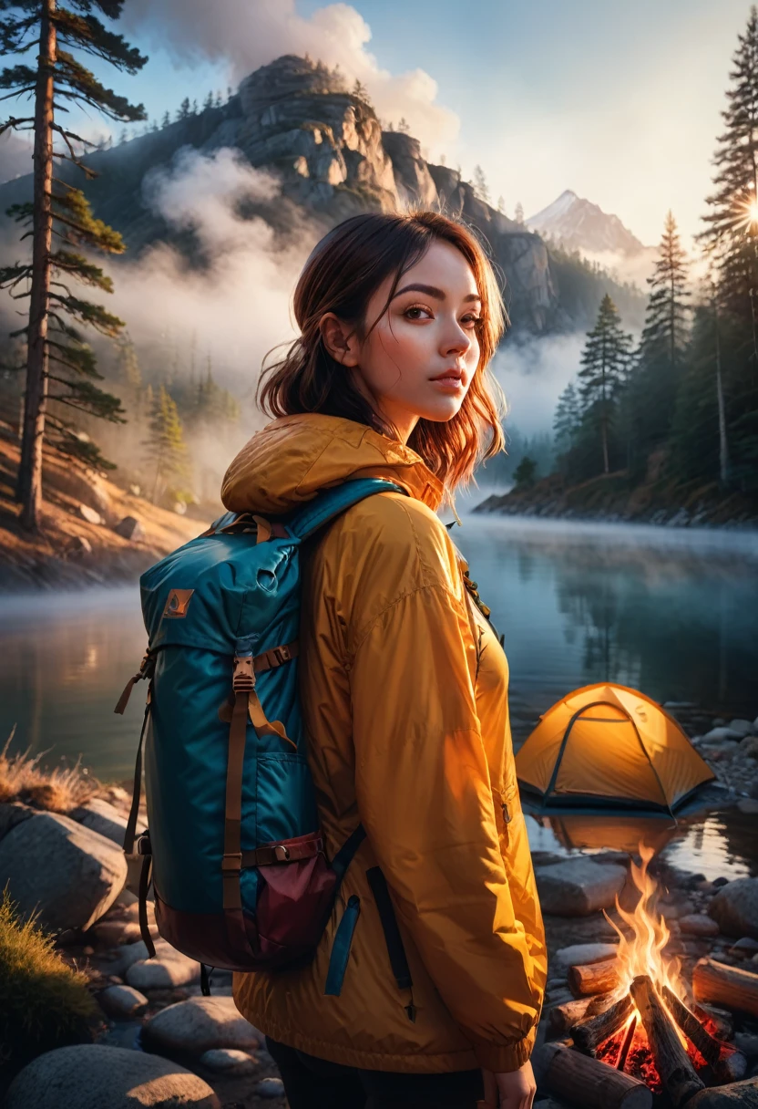 A beautiful girl in the mountains, outdoor camping, detailed face, high quality, realistic, photorealistic, 8k, ultra-detailed, vibrant colors, dramatic lighting, golden hour, dramatic shadows, fog, mist, campfire, outdoor gear, hiking backpack, sleeping bag, tent, forest, pine trees, rocky cliffs, river, reflection, cinematic composition
