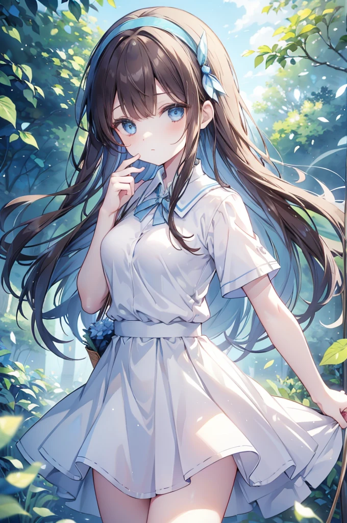 Blue eyes, brown hair, wearing white short sleeves, light blue long pleated skirt, blue hairband, holding leaves in her left hand, surrounded by forest