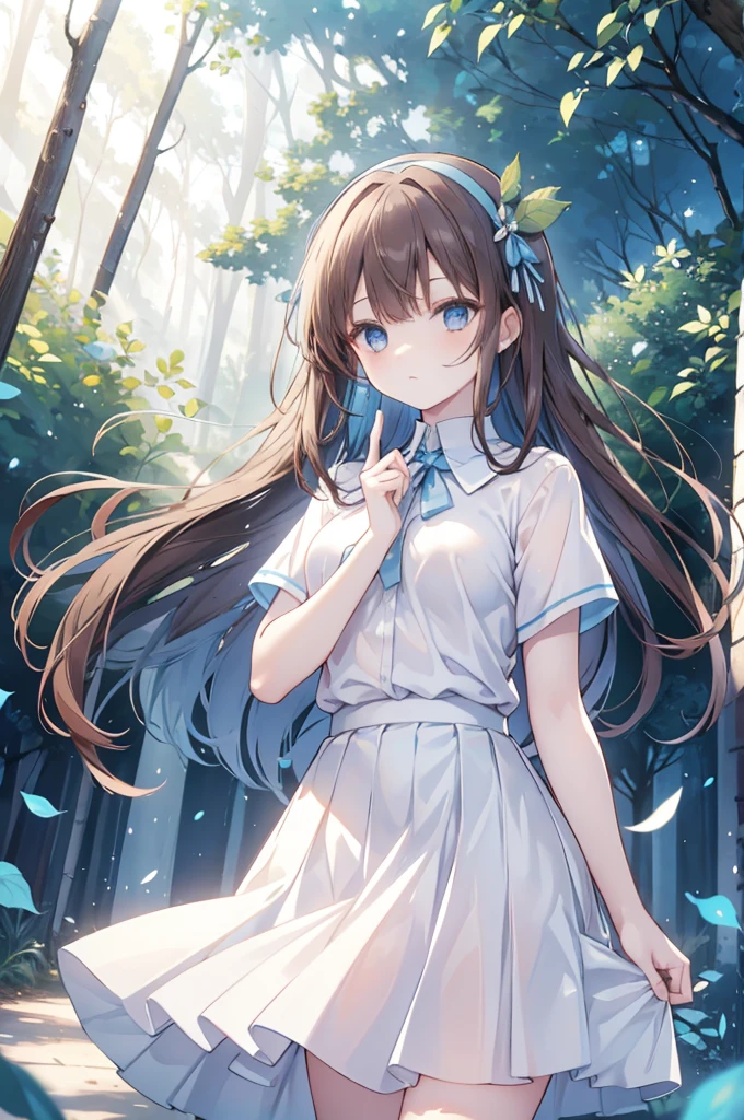 Blue eyes, brown hair, wearing white short sleeves, light blue long pleated skirt, blue hairband, holding leaves in her left hand, surrounded by forest