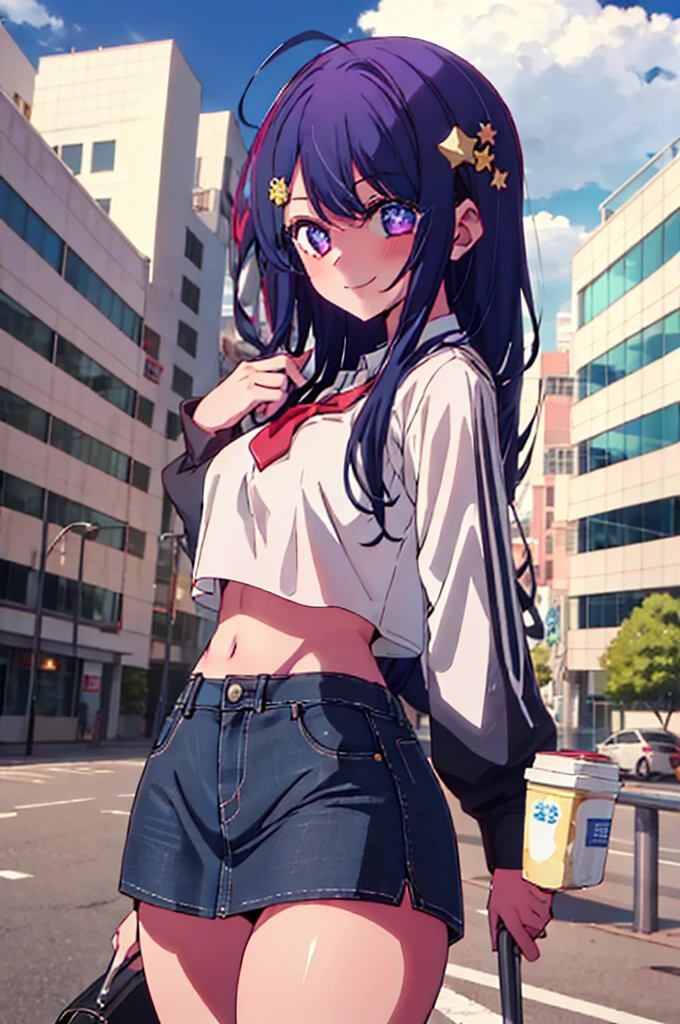 best quality, highly detailed, 1girl, cowboy shot, Ai Hoshino, long hair, star hair ornament, ahoge, crop top, miniskirt, medium breasts, standing, school, outdoors, smile, large breasts, small waist, very wide hips and thick thighs. smiling. Arched back.