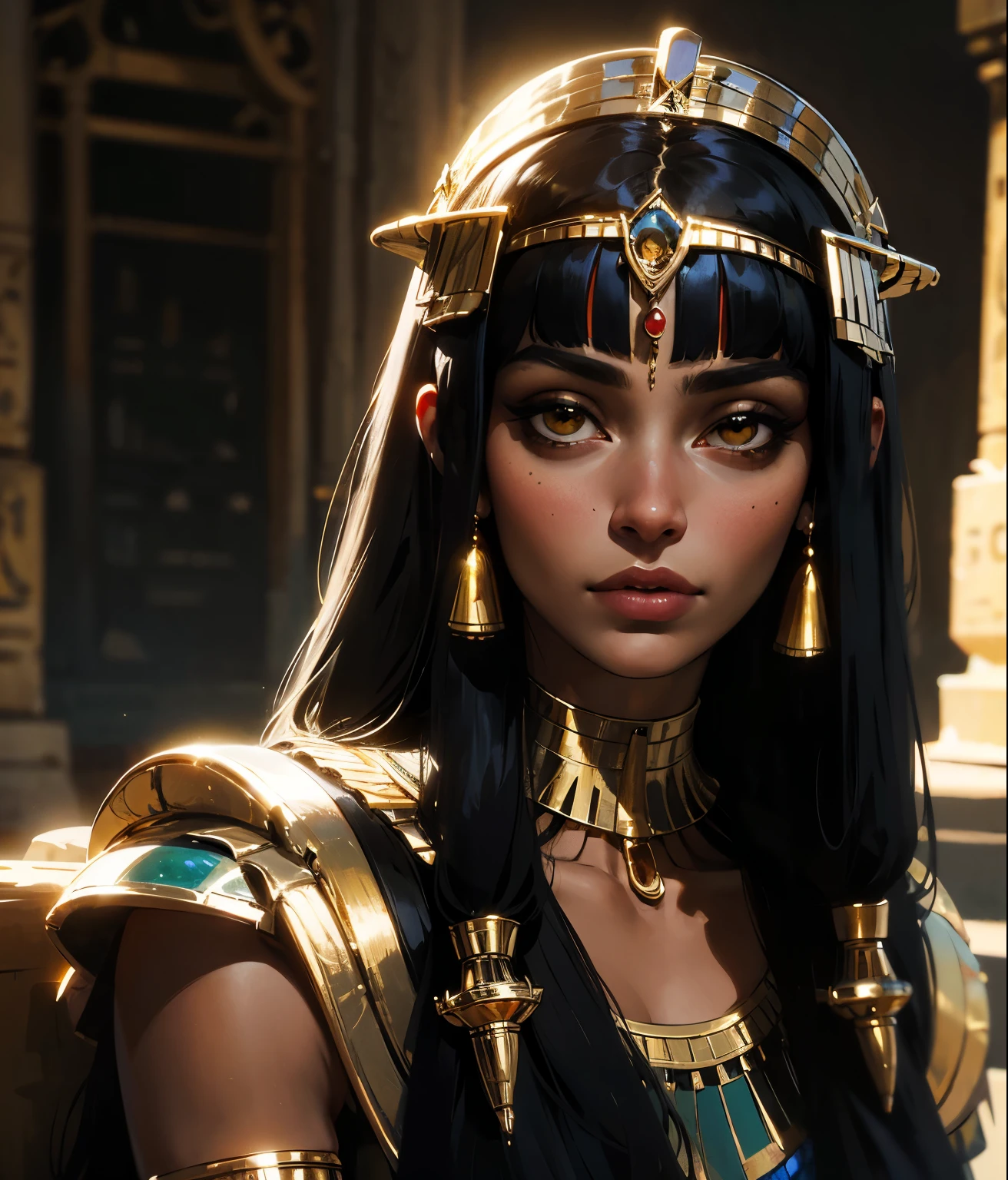 Una imagen de una mujer, cleopatra, cabello largo y negro, cleopatra de Egipto, cuerpo hermoso, buena iluminacion, cleopatra, vestiduras doradas, buena iluminacion, rostro cercano, cleopatra de Egipto, facciones cleopatra de Egipto, detalles de oro en joyas, cleopatra de Egipto, ojos dorados