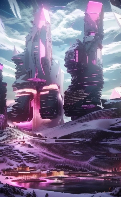 Masterpiece, 12k, uhd, photorealistic, a ultra beautiful suggestive landscape, with snow hills, snow land, futuristic metropolis in background, with skycrapers, night sky with stars, pink boreal aurora in the sky, light neon effects, cyberpunk dreaming atmosphere, (3D rendering buildings), seems real, blue and pink sky and snow colors