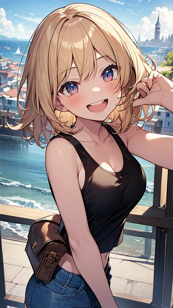 (Masterpiece, Top quality: 1.5),from below:1.3, upper body, 1 beautiful girl, solo, blond, (Tank top、 Shorts :1.3), Summer clothes , blond hair, short hair, Curly hair, Hair swaying in the wind, Keep your head small, (15 year old:1.2),Ample breasts, standard weight, one knapsack, (smile:1.5), blush :1.2, open mouth, beautiful scene , Mediterranean cityscape, magnificent panorama view, dynamic pose