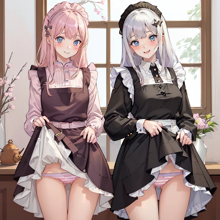 highest quality、masterpiece、((2 girls:1.5))、((smile:1.3))、(blush:1.3)、Black Shirt、blouse、((fun!!))、(Small breasts)、()、Blonde、(Long sleeve)、((White apron:1.5))、((Maid))、((hair ornaments)),、Kamimei、look at me、 ((in house:1.5))、 Taking a break from watching the audience、Cowboy Shot、(Skirt lift:1.3),(Highly detailed pink striped panties:1.3)、(Highly detailed panties:1.3)、、(スカート that rolls up:1.3)、(Panties fully exposed:1.5)、Light blue eyes、long hair、Glowing Eyes