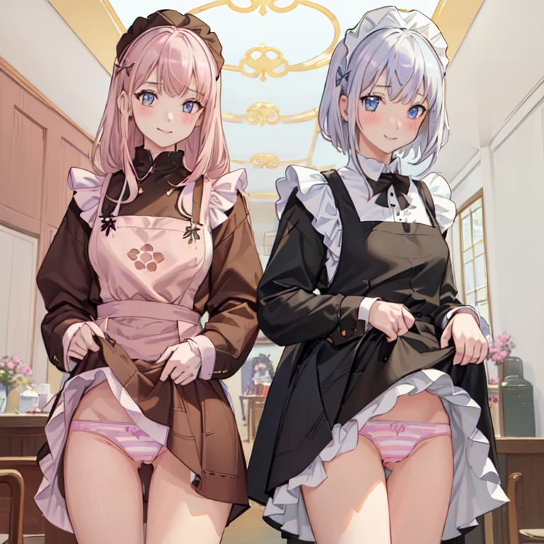 highest quality、masterpiece、((2 girls:1.5))、((smile:1.3))、(blush:1.3)、Black Shirt、blouse、((fun!!))、(Small breasts)、()、Blonde、(Long sleeve)、((White apron:1.5))、((Maid))、((hair ornaments)),、Kamimei、look at me、 ((in house:1.5))、 Taking a break from watching the audience、Cowboy Shot、(Skirt lift:1.3),(Highly detailed pink striped panties:1.3)、(Highly detailed panties:1.3)、、(スカート that rolls up:1.3)、(Panties fully exposed:1.5)、Light blue eyes、long hair、Glowing Eyes