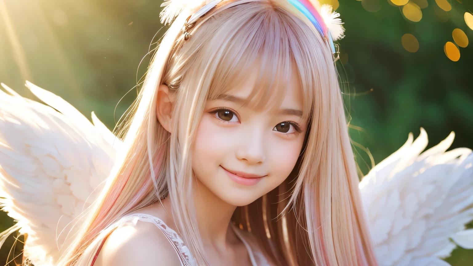 Angel,Lolita,10 years old,Smile,smile,Magic wand,noon,summer,Light of the sun,Light background,cute,Princess,clear,happiness,Angelの羽根,Fairy Wings,Silky shiny hair,Glossy Skin,Long Hair,Fairyland,Soft light,rainbow,dream,hope,Pop Art,pastel colour,Sparkling Eyes,fine,Non-Adult,High resolution,light peach-colored hair,Thin eyebrows,Fluffy Feathers