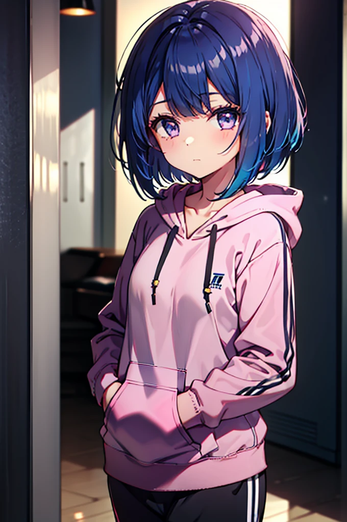 Young girl with a medium-length bob cut and bright deep blue hair, she had pinkish-violet eyes that glowed vibrantly, she was wearing a plain grey hoodie and joggers, violet eyes