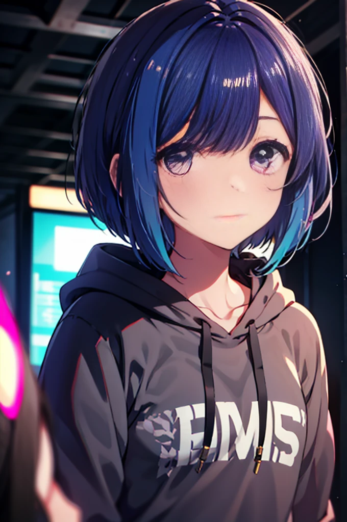 Young girl with a medium-length bob cut and bright deep blue hair, she had pinkish-violet eyes that glowed vibrantly, she was wearing a plain grey hoodie and joggers, violet eyes