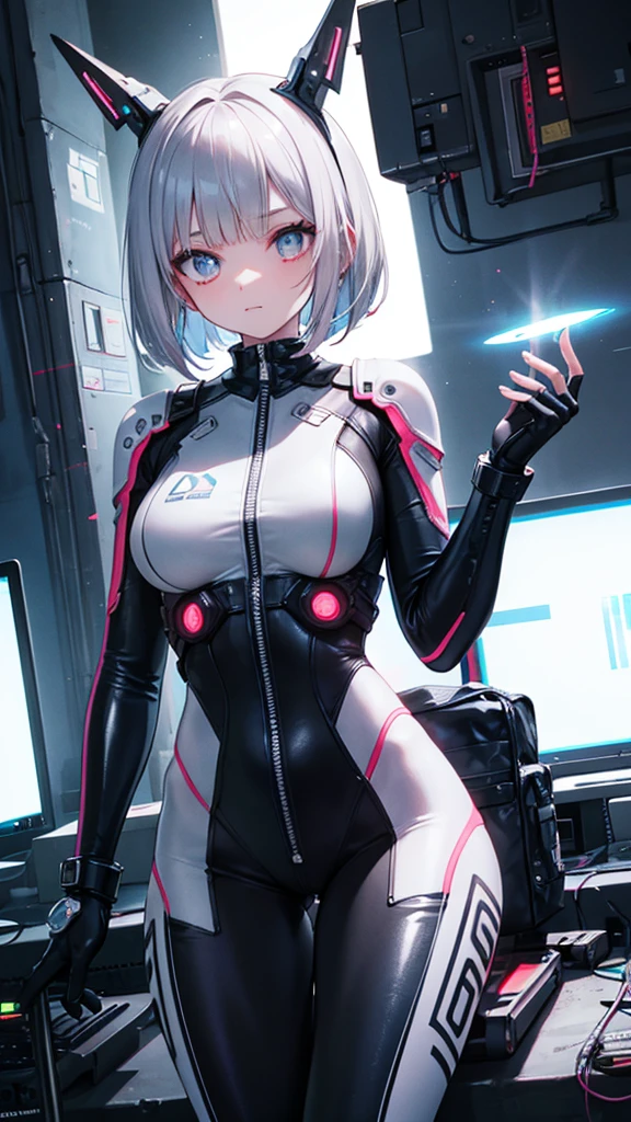 silver hair, bangs, bob cut, head mounted display, glowing eyes, textured skin, high quality, best quality, masterpiece, Spy in science fiction movies, cyberpunk worlds, functional bodysuits, beautiful girl, shiny bodysuits, girl in the dark, 6k, pretty, facial details are particularly rich, perfect lighting, skin-tight, latex, white jumpsuit, moonlight, light and shade, goddess
