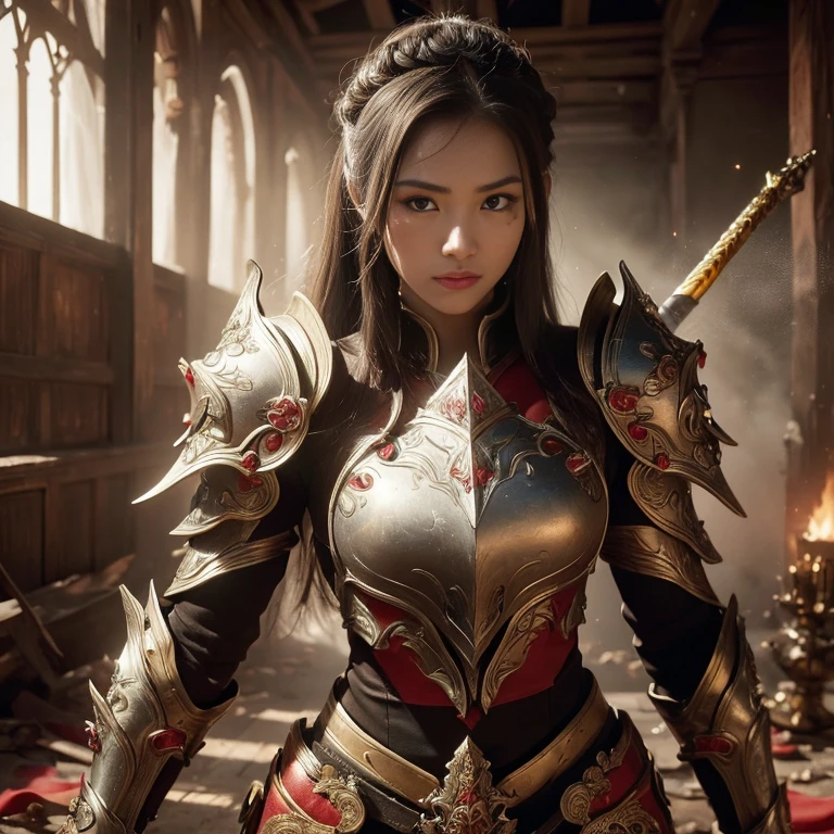 (((realistic, Masterpiece, best quality, sharp details, high definition, Highly detailed, Sharp focus, A perfect studio blitz.))), A 17 year old girl wearing heavy gold armor., Thai style armor, Full body armor, fully decorated armor, damaged armor, long straight hair, dirty, Sweating, bloody face, Blood Spattered Armor, gory, massacre, A sword scattered with long blood fought against the cursed warrior., great war, Fires everywhere, Blood everywhere, death everywhere, Thailand, Ayutthaya period, Brutal battle background