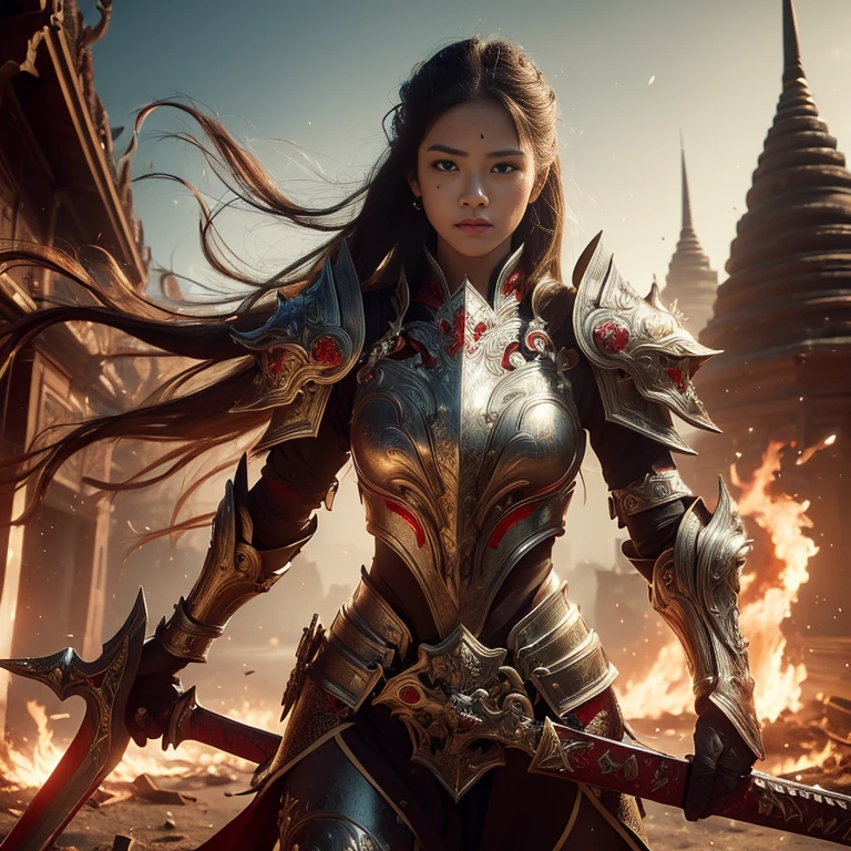 (((realistic, Masterpiece, best quality, sharp details, high definition, Highly detailed, Sharp focus, A perfect studio blitz.))), A 17 year old girl wearing heavy gold armor., Thai style armor, Full body armor, fully decorated armor, damaged armor, long straight hair, dirty, Sweating, bloody face, Blood Spattered Armor, gory, massacre, A sword scattered with long blood fought against the cursed warrior., great war, Fires everywhere, Blood everywhere, death everywhere, Thailand, Ayutthaya period, Brutal battle background
