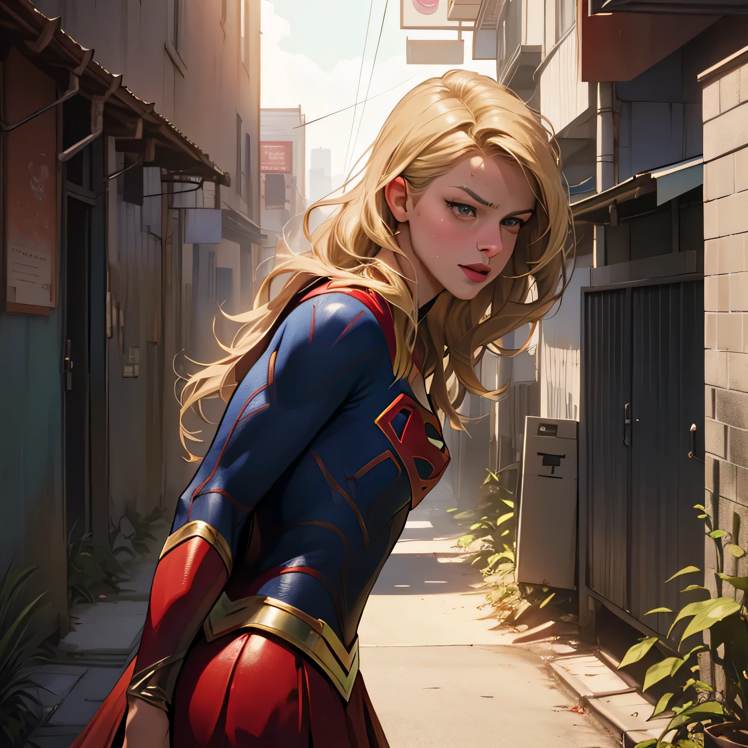 (masterpiece:1.3), (8k, Realistic, RAW Photos, highest quality: 1.4), Absurd, Charm, Ultra-high resolution, Ultra-realistic, Very detailed, Golden Ratio, (Realistic), (Best Shadow), Low contrast, (Complex:1.4), Side lighting, 8K, Beautiful Face, (Realistic Face), Beautiful hairstyle, Realistic eyes, Beautiful fine details, (Realistic Skin), Beautiful Skin, (One girl), ((Melissa Benoist)), ((SUPER GIRL)), (Accurate hand and finger depiction), Supergirl Women, (Blonde, Long Hair:1.4), BREAK ((Action Scenes)) (Sweat), BREAK ((A deserted back alley in the city, New York cityscape, Red brick building)), Front view