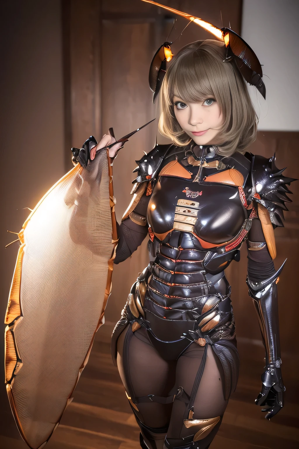 (high resolution,masterpiece,best quality,extremely detailed CG, anime, official art:1.4), realistic, photo, amazing fine details, all intricate, gloss and shiny,awesome many layers, 8k wall paper, 3d, sketch, kawaii, illustration,( solo:1.4), perfect female proportion,villainess, (fusion of dark brown cockroach and lady:1.4), (brown cockroach form lady:1.2), (brown cockroach lady:1.2), (fusion:1.2), (solo:1.4), (evil smile:1.2), muscular, abs, (cockroach brown exoskeleton bio insect suit:1.4), (cockroach brown exoskeleton bio insect armor:1.2), (brown transparency cockroach wing:1.4), (brown cockroach antennae:1.3),