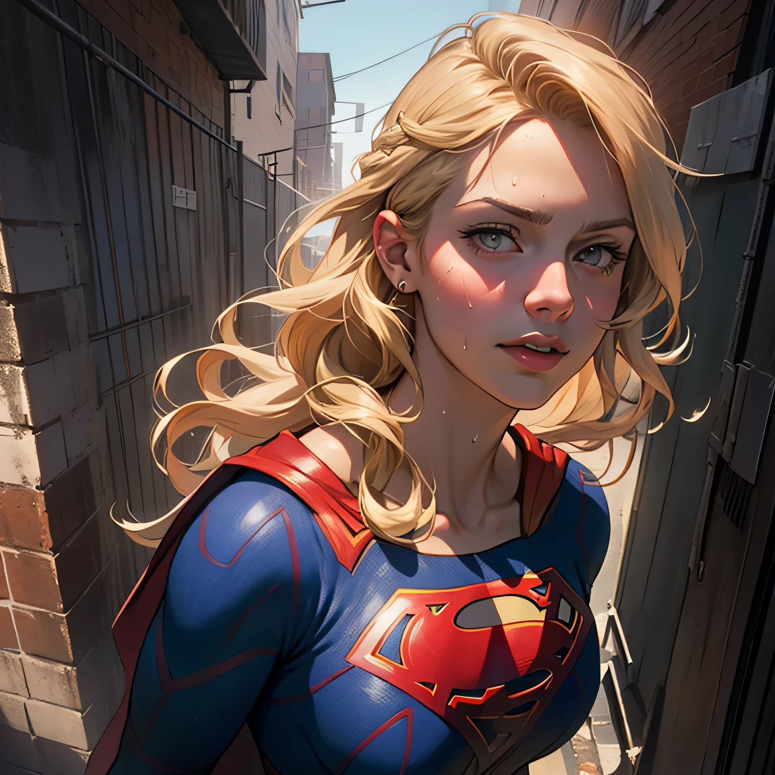 (masterpiece:1.3), (8k, Realistic, RAW Photos, highest quality: 1.4), Absurd, Charm, Ultra-high resolution, Ultra-realistic, Very detailed, Golden Ratio, (Realistic), (Best Shadow), Low contrast, (Complex:1.4), Side lighting, 8K, Beautiful Face, (Realistic Face), Beautiful hairstyle, Realistic eyes, Beautiful fine details, (Realistic Skin), Beautiful Skin, (One girl), ((Melissa Benoist)), ((SUPER GIRL)), (Accurate hand and finger depiction), Supergirl Women, (Blonde, Long Hair:1.4), BREAK ((Action Scenes)) (Sweat), BREAK ((A deserted back alley in the city, New York cityscape, Red brick building)), Front view