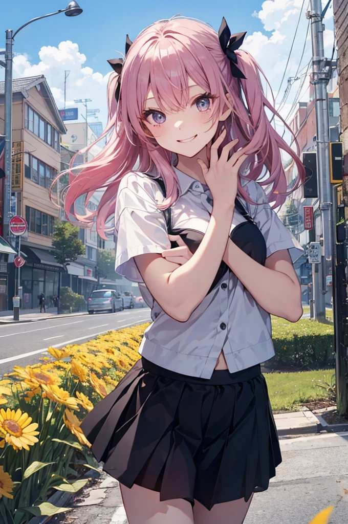 (Pretty sister:1.3)、long eyelashes、happy face,spring atmosphere、noon、aggressive、hot、((strong wind))、black skirt、shining eyes、yellow Y shirt、company、pink hair