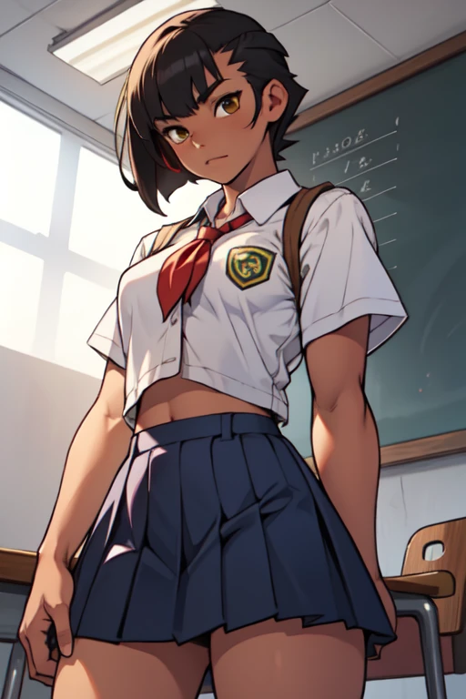 Dark skin black girl with a bald shaved mohawk hairstyle thin and muscular high School girl with short skirt and big thighs yellow eyes school girl uniform skin tight school girl uniform abs showing