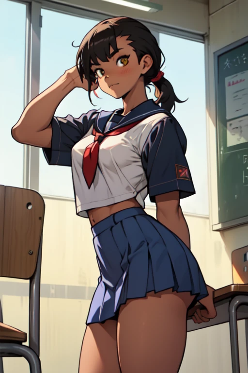 Dark skin black girl with a bald shaved mohawk hairstyle thin and muscular high School girl with short skirt and big thighs yellow eyes school girl uniform skin tight school girl uniform abs showing
