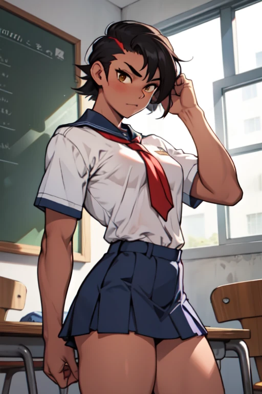Dark skin black girl with a bald shaved mohawk hairstyle thin and muscular high School girl with short skirt and big thighs yellow eyes school girl uniform skin tight school girl uniform abs showing