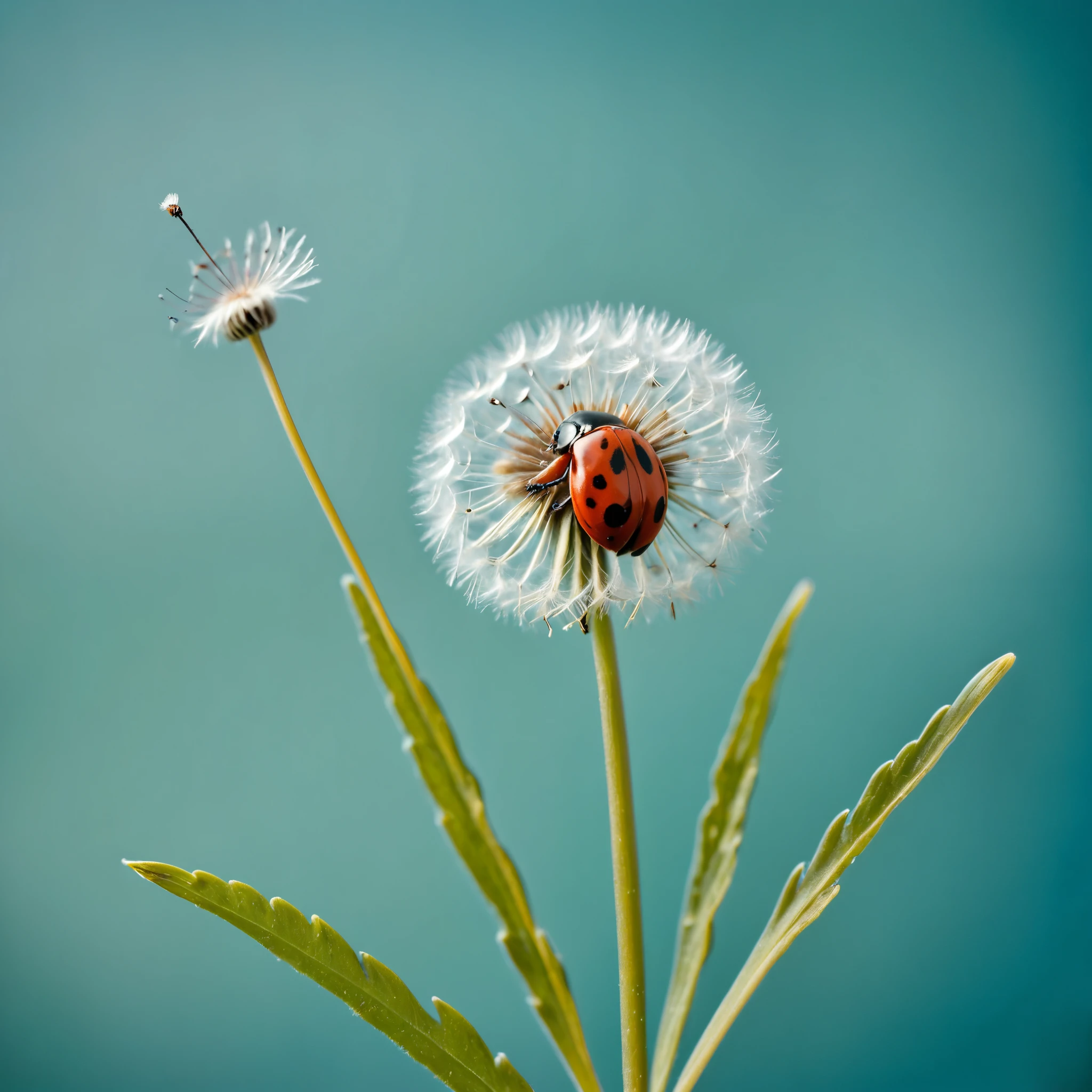 A photorealistic macro shot of a red ladybug with black spots perched on a dandelion seed head, set against a soft teal background. The image captures the intricate details of the ladybug and the delicate structure of the dandelion.