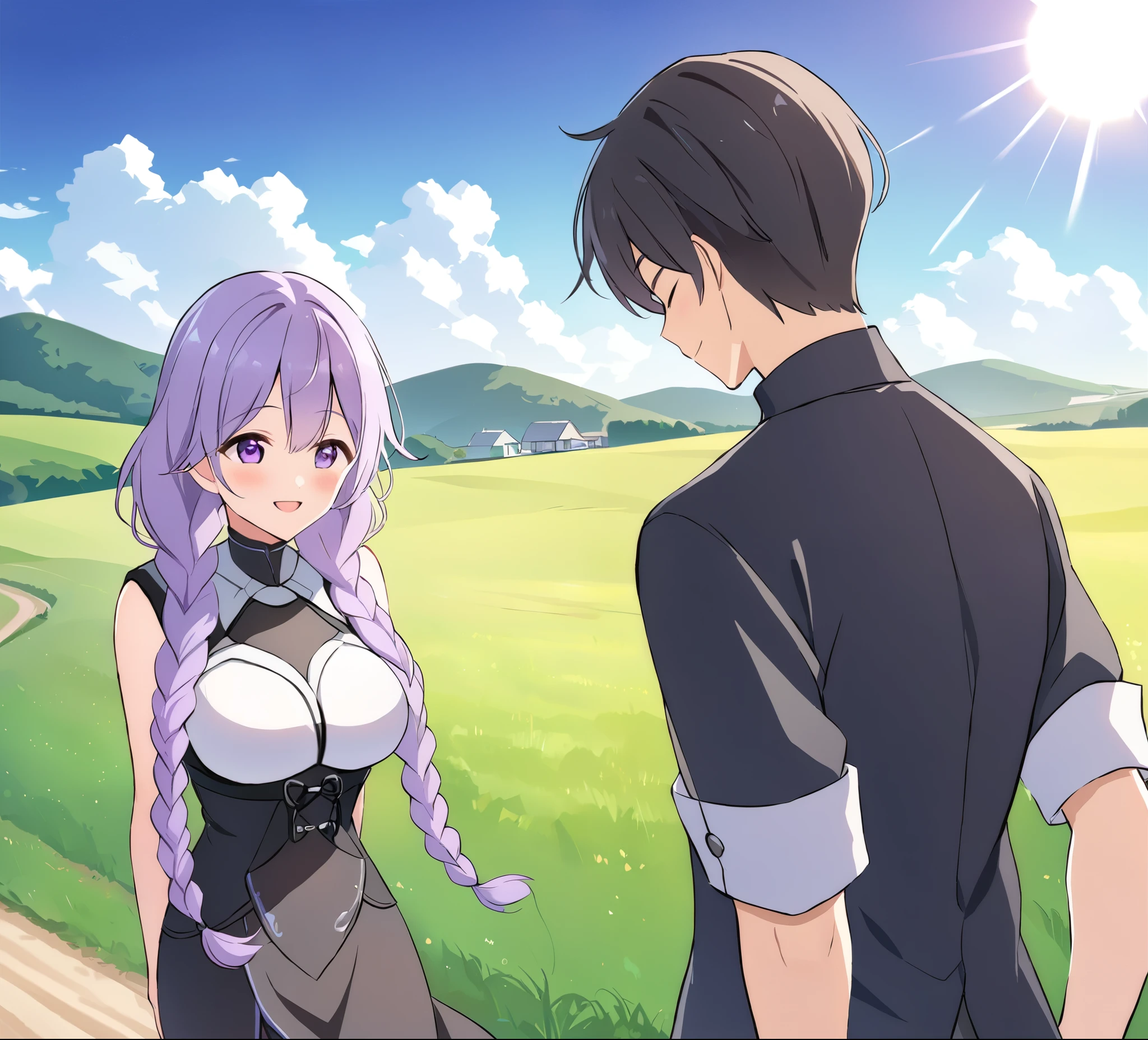 A couple(1 male, 1 woman with purple and white gradient double braids),Hands behind back,Walk on country roads,Sunshine,The background is green fields and hills in the distance,Warmth,romantic,happiness