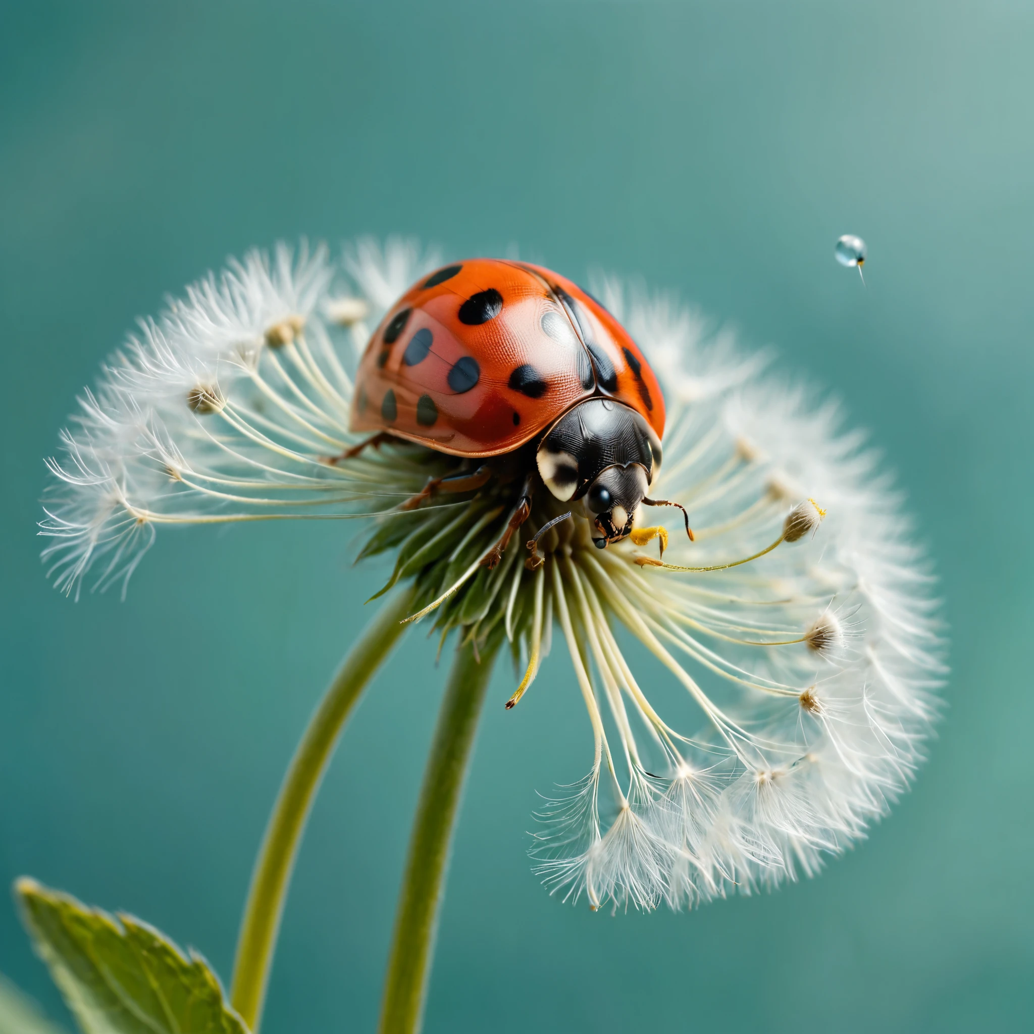 A photorealistic macro shot of a red ladybug with black spots perched on a dandelion seed head, set against a soft teal background. The image captures the intricate details of the ladybug and the delicate structure of the dandelion.