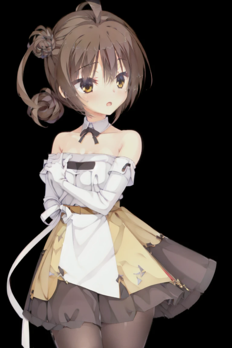 brown eyes, brown hair, brown eyes, bare shoulders, white dress, elbow gloves, eyebrows visible through hair, hair ornament, long hair, strapless dress, white gloves, black pantyhose, satou sasara, 1girl,white skirt,View from the front,Character portrait,expensive_solve, clear_image, expensive_Contrast, 8k, Sparkling, beautiful_detailed_face_and_eye, (Dark brown hair:1.25), 白 eye,Black background