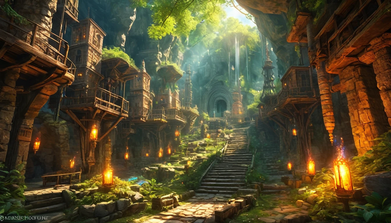(masterpiecebest quality, high resolution, depth of filed, HDR:1.2), extremely delicate and beautiful, illustration, vibrant colors, (fantasy landscape), A mesmerizing fantasy with enchanting elements blending seamlessly. (Hennes mines, mine shaft, torches, mice, minecart, rocks, from final fantasy xii). A mesmerizing fantasy with enchanting elements blending seamlessly, beautiful, extremely detailed, intricate, delicate, serene fantasy, light filtering through the trees, bokeh, cinematic lighting, 8k, high quality