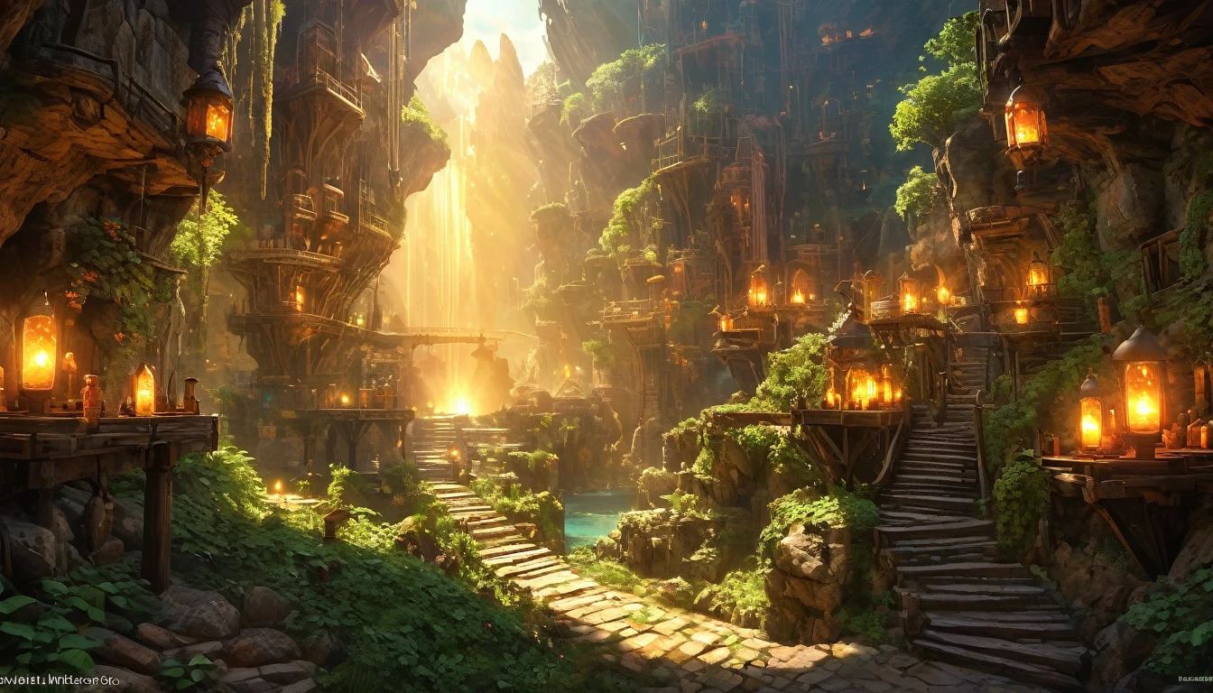 (masterpiecebest quality, high resolution, depth of filed, HDR:1.2), extremely delicate and beautiful, illustration, vibrant colors, (fantasy landscape), A mesmerizing fantasy with enchanting elements blending seamlessly. (Hennes mines, mine shaft, torches, mice, minecart, rocks, from final fantasy xii). A mesmerizing fantasy with enchanting elements blending seamlessly, beautiful, extremely detailed, intricate, delicate, serene fantasy, light filtering through the trees, bokeh, cinematic lighting, 8k, high quality