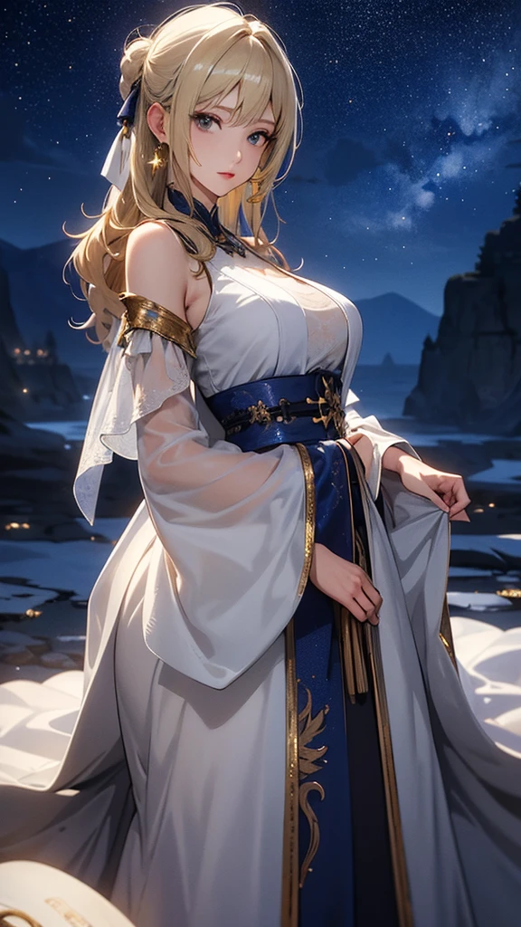 masterpiece, high quality, 4K, Beautiful design, silhouette，blonde， 非常に詳細な夜のStarry Sky,Glass Kingdom，Glass World， wonderful, Finer details,  Very knowledgeable woman, Highly detailed solo, 1 female,Big Breasts， Pure white dress，Night view，Starry Sky，
