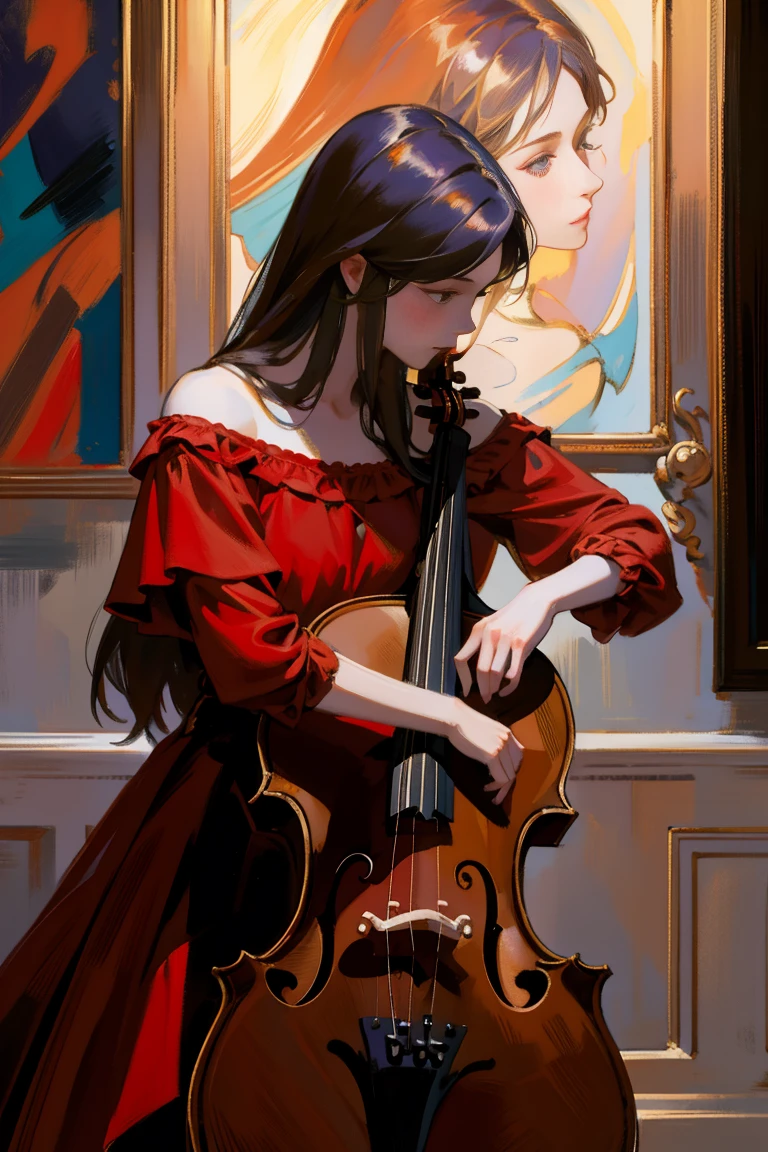detailed full body portrait,(Picture of a girl playing the cello), Red Dress Andy Jurgens (mandy jurgens) A realistic painting was created, transformation, Figurative art, Detailed Description, Realistically, Artwork, Contour, View from the side, Colorful Noise, Visual clutter,Modern aesthetics、Viennese style、Nocturne Whispers