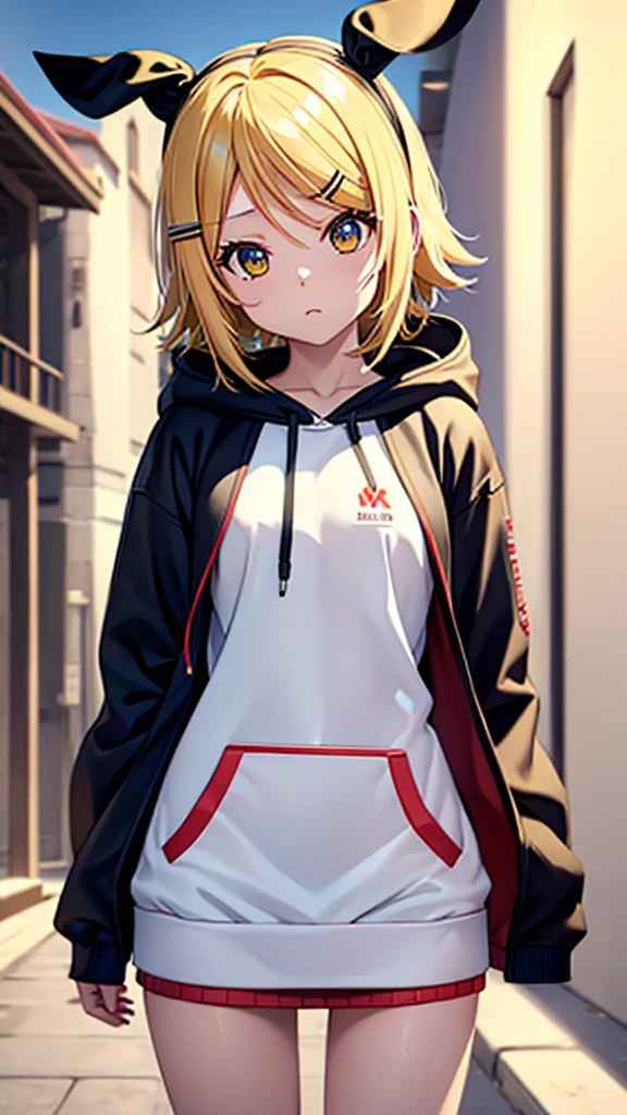 Kagamine rin , 1 girl , wearing a red hooded sweater , white miniskirt with gold horizontal lines , viendo al espectador , bragas visibles , rostro seductor ,(imagen de ultra alta calidad 8k ) obra maestra ( high-definition picture ) , maximum image resolution , ( detalles de la imagen bien definidos )