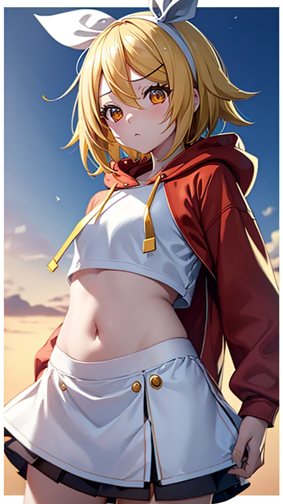 Kagamine rin , 1 girl , wearing a red hooded sweater , white miniskirt with gold horizontal lines , viendo al espectador , bragas visibles , rostro seductor ,(imagen de ultra alta calidad 8k ) obra maestra ( high-definition picture ) , maximum image resolution , ( detalles de la imagen bien definidos )