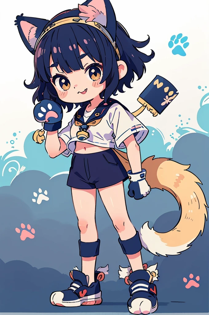 flat color,(1girl,japanese,17yo,((cute navy Paw Glove:1.5)),Cat ears headband,arms up,detailed face,BREAK (navy hair,wavy-short hair),parallel eyebrows,navy eyes with large irises,blunt bangs,small nose, fresh lips,smile,small breasts,(5feet tall)),very happy, BREAK, Oversized paw t-shirts,short cargo pants,sneakers,pink,fullbody,catwalk,