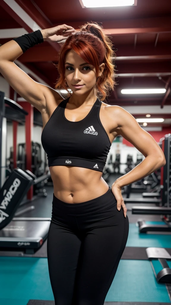 pelirroja, culturista musculosa, Spanish, Sujetador deportivo ?????, pantalones deportivos cortos negros, en el gimnasio, athletic, ojos verde claros, yoga, foto de cuerpo completo, grandes pechos