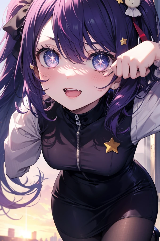 AiHoshino, Ai Hoshino, hair between eyes, hair ornaments, hair ribbon, long hair, one side up, (purple eyes:1.1), purple hair, rabbit hair ornaments, (star-shaped pupil:1.5), pupil in the shape of a symbol,
smile,blush,open your mouth,sexy police uniform,black pencil skirt,black pantyhose,stiletto heels,The girl salutes with her left hand,Place your right hand on your hip.,look up,sunrise,morning,sun, break outdoors, city,building street, break looking at viewer,
break (masterpiece:1.2), highest quality, High resolution, unity 8k wallpaper, (figure:0.8), (detailed and beautiful eyes:1.6), highly detailed face, perfect lighting, Very detailed CG, (perfect hands, perfect anatomy),